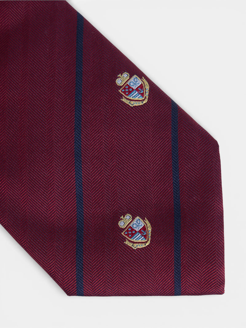 Burgundy striped tie with crests