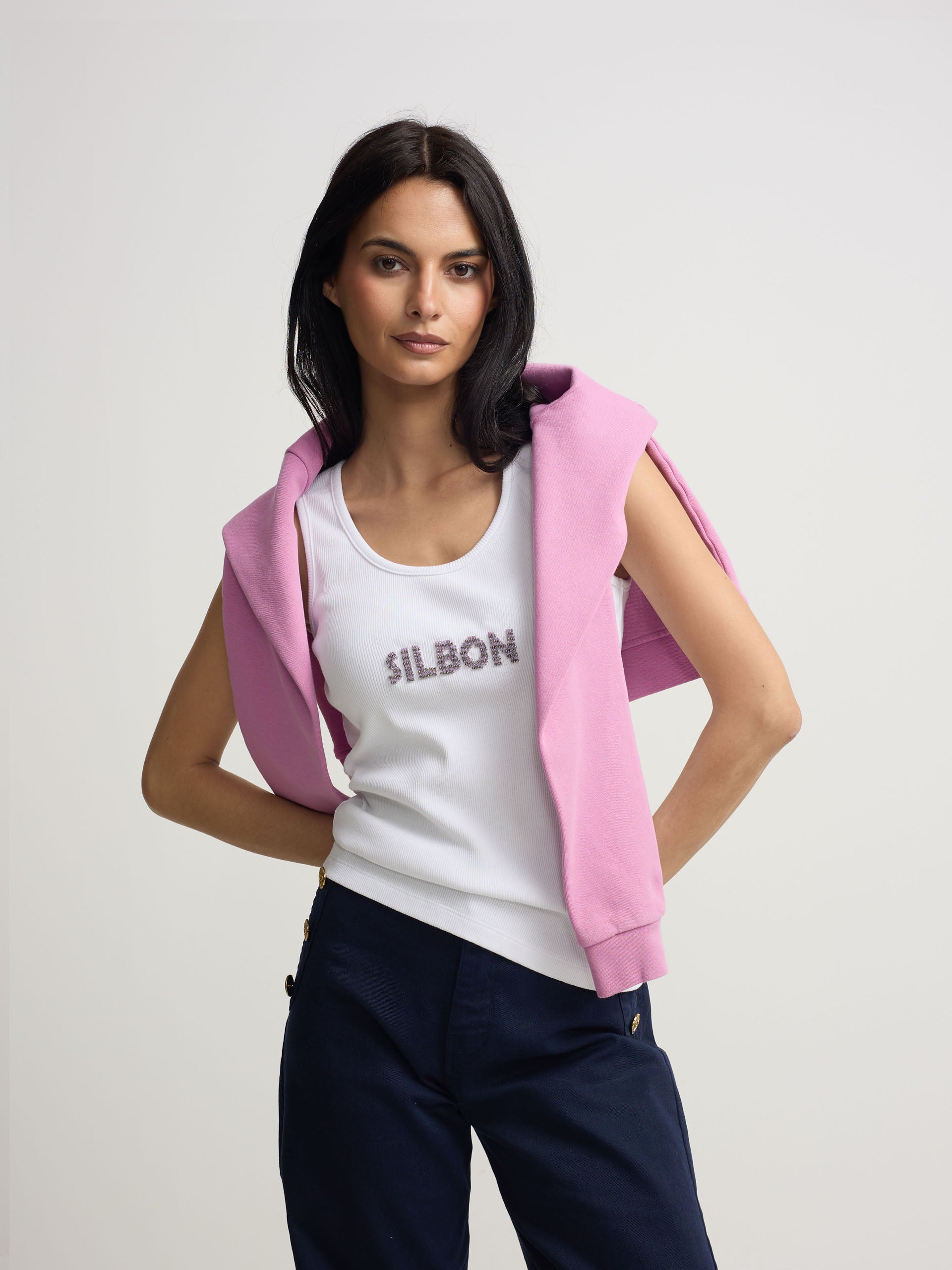 Camiseta woman tank silbon apliques blanca