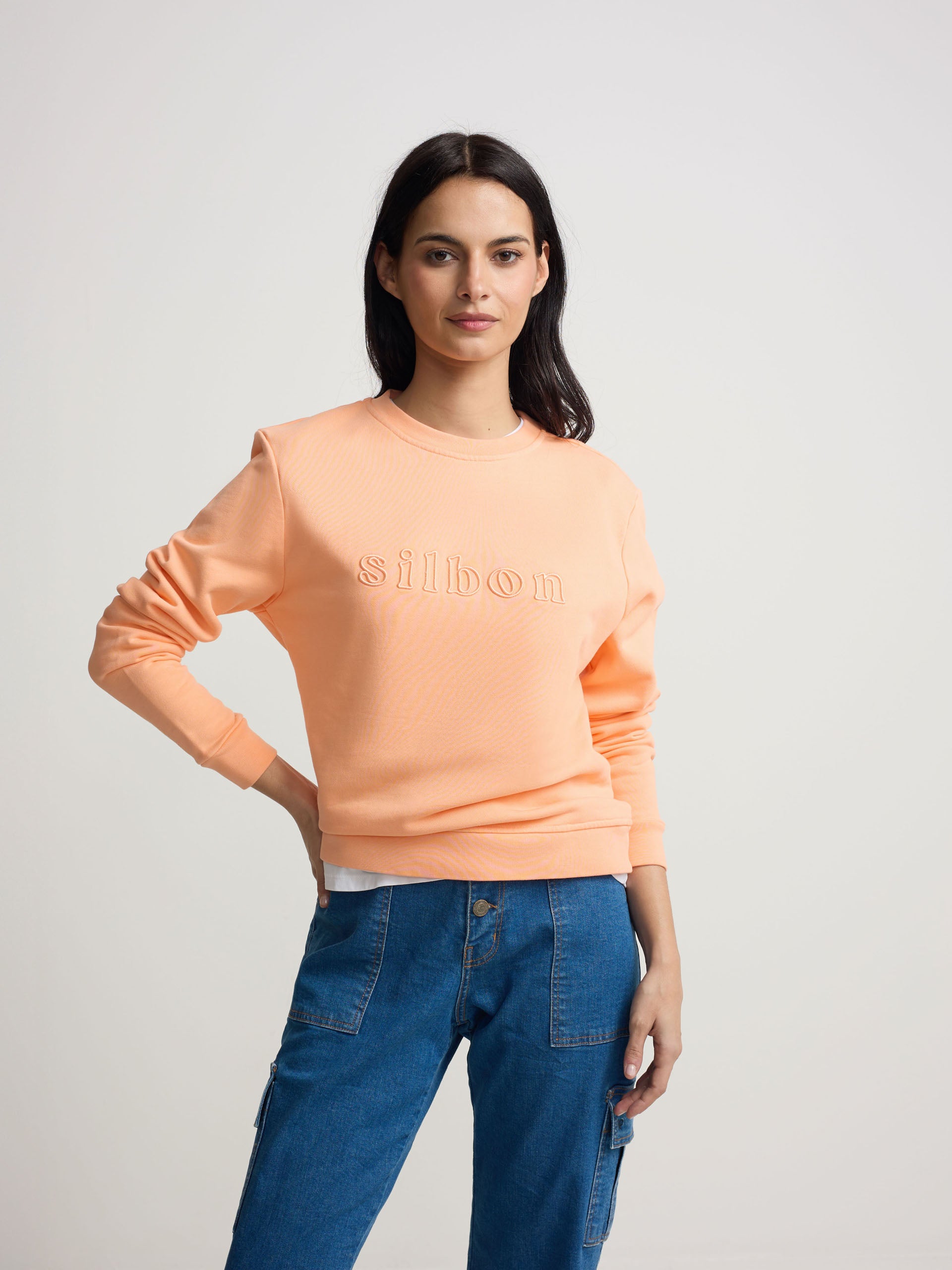 Sweat-shirt femme brodé Silbon orange