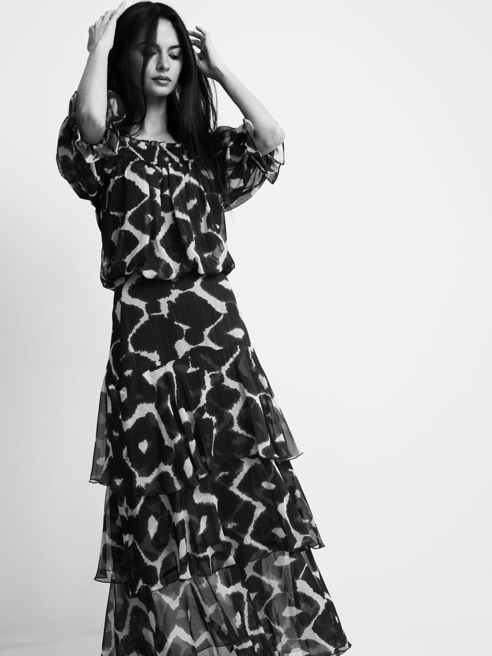 Long ruffled skirt with brown print