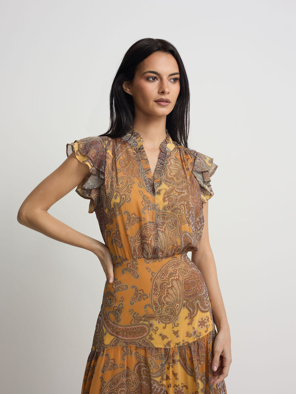 Vestido midi rodado estampado laranjas