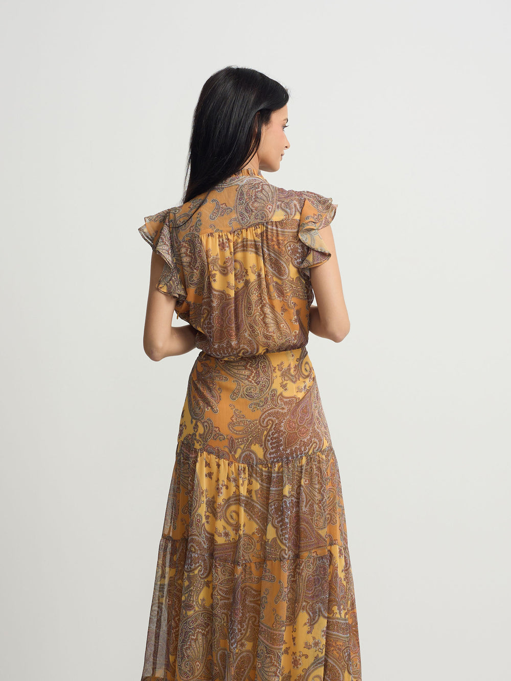 Vestido midi rodado estampado laranjas