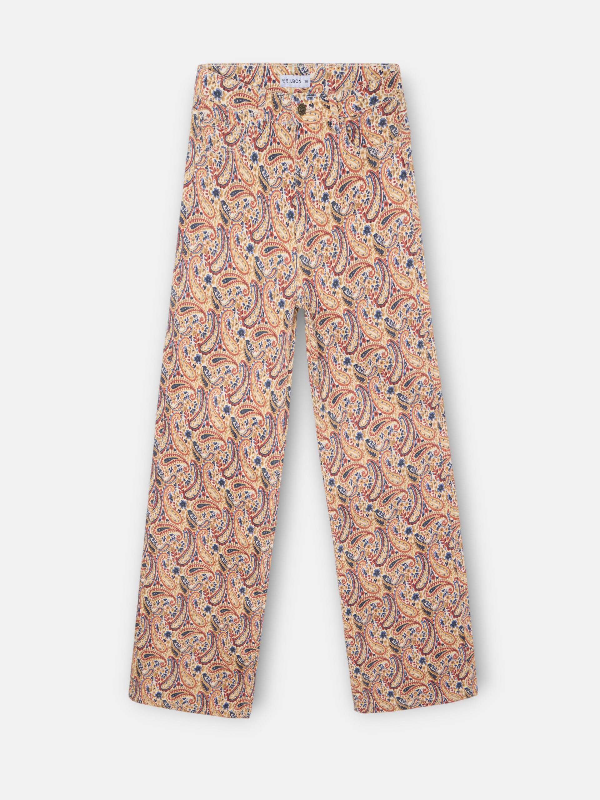 Printed denim trousers with orange paisley