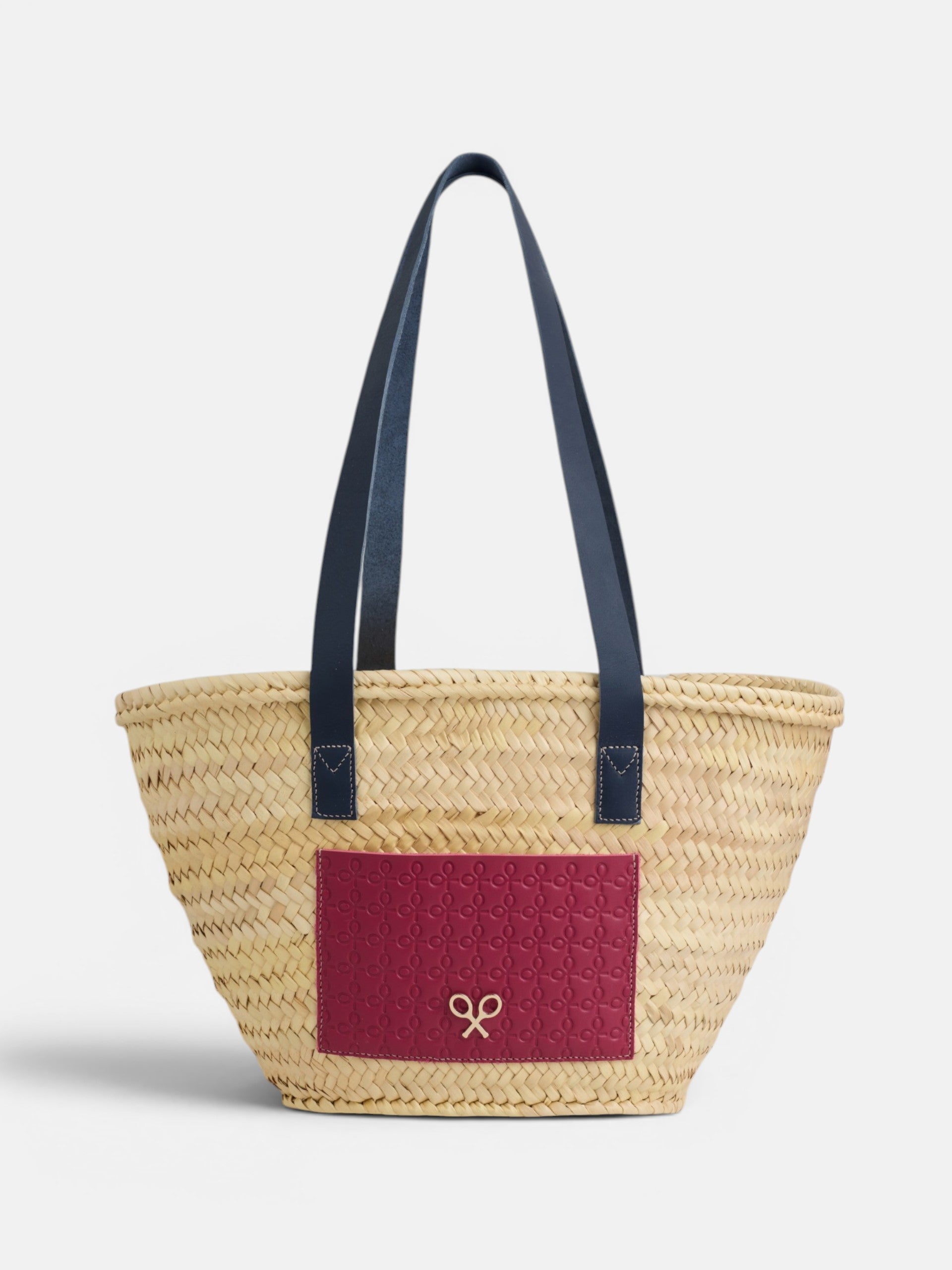 Cesto com bolso em pele rosa e azul-marinho