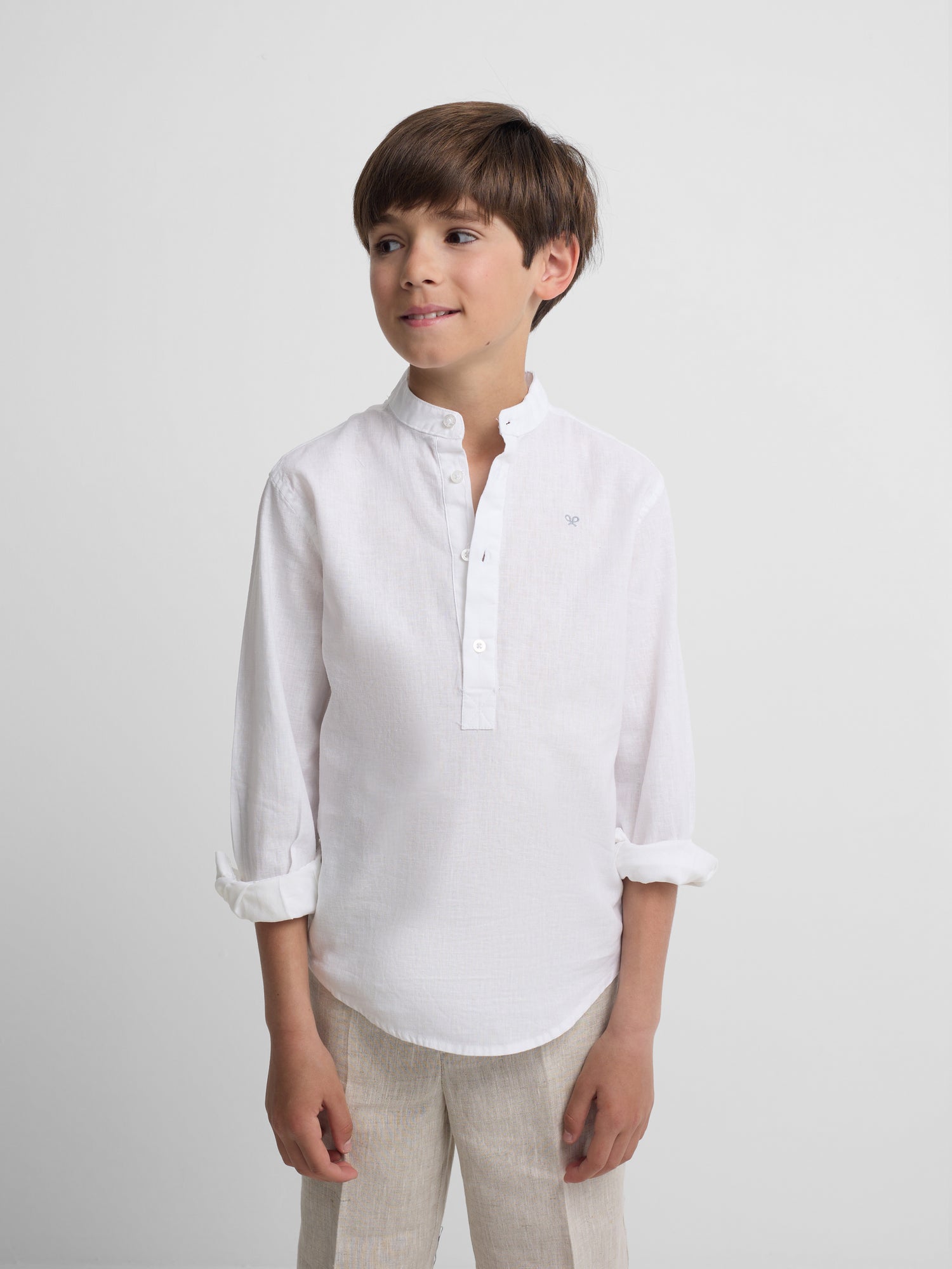 Camisa sport criança linho gola mao branco