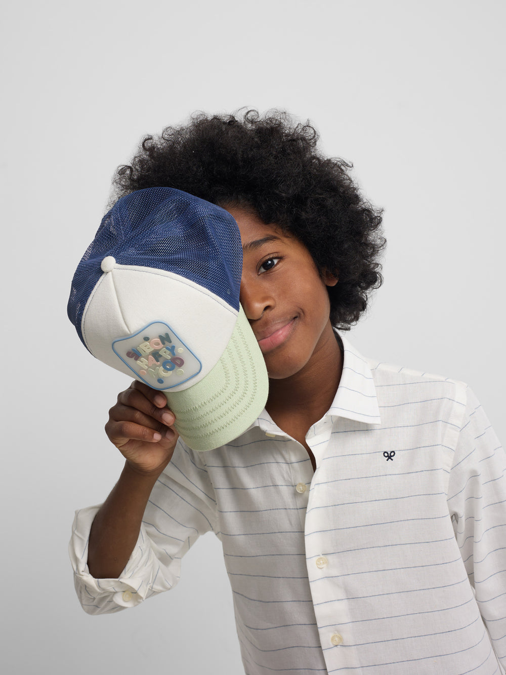 Chemise enfant en lin à fines rayures bleues
