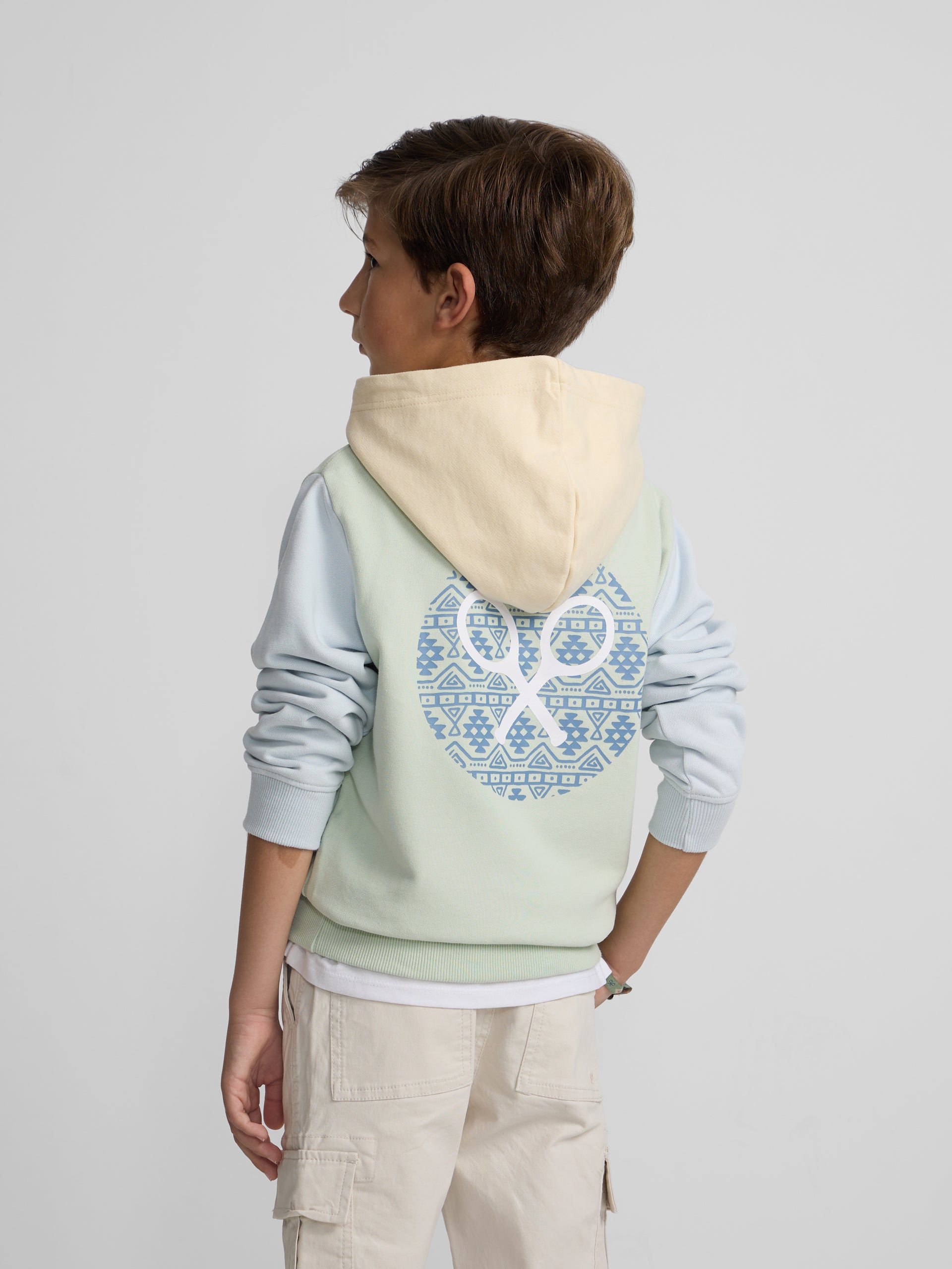 Kids hoodie with ethnic racket print in green