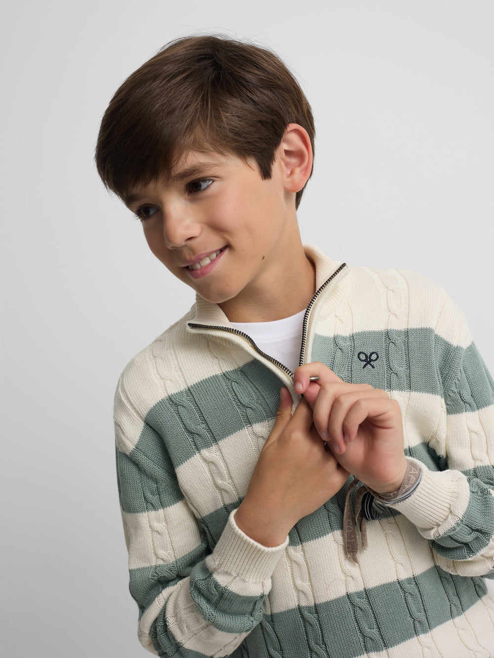 Kids sweater with half zipper, medium green stripe