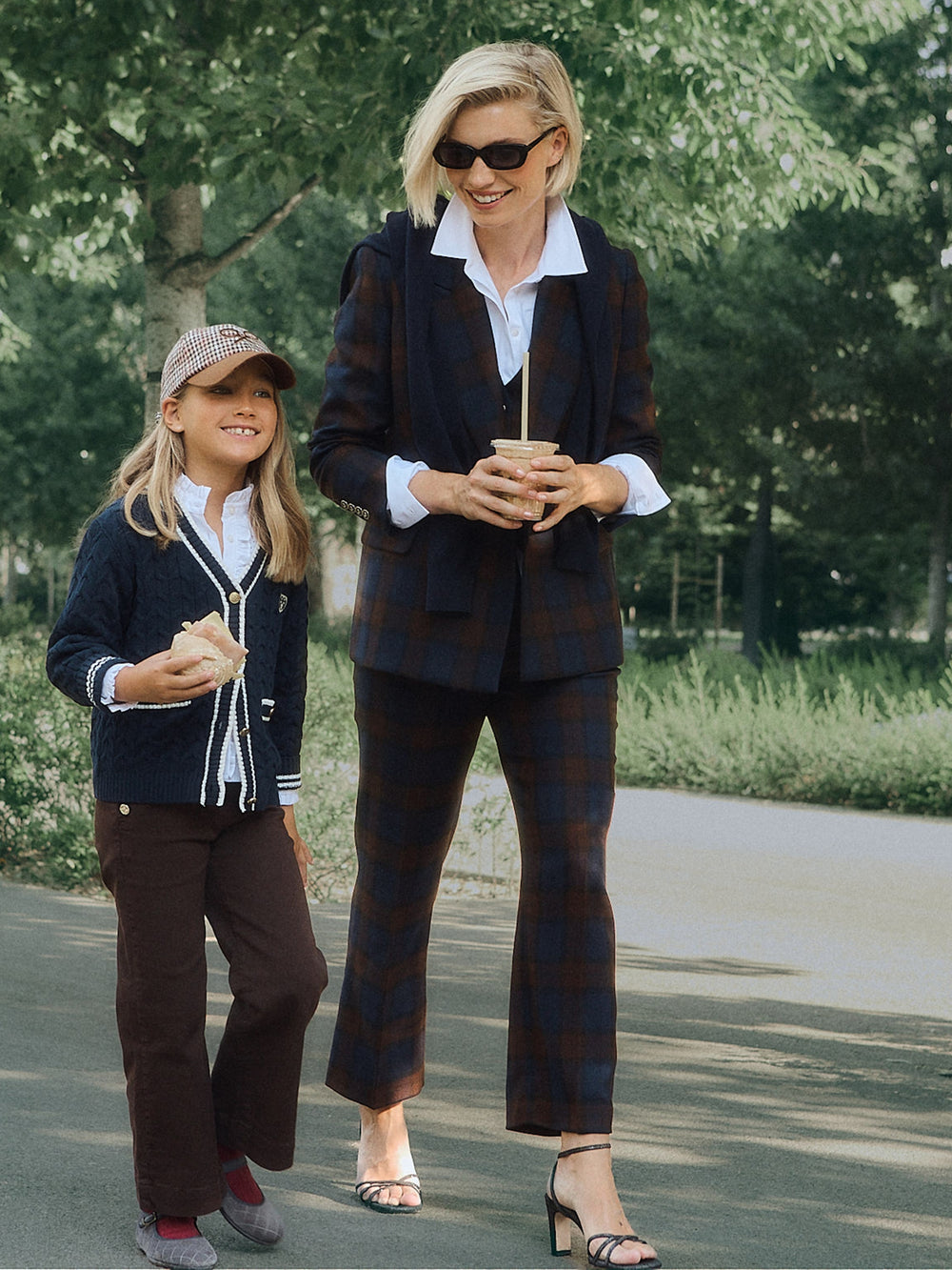 Navy blue and brown checkered trousers