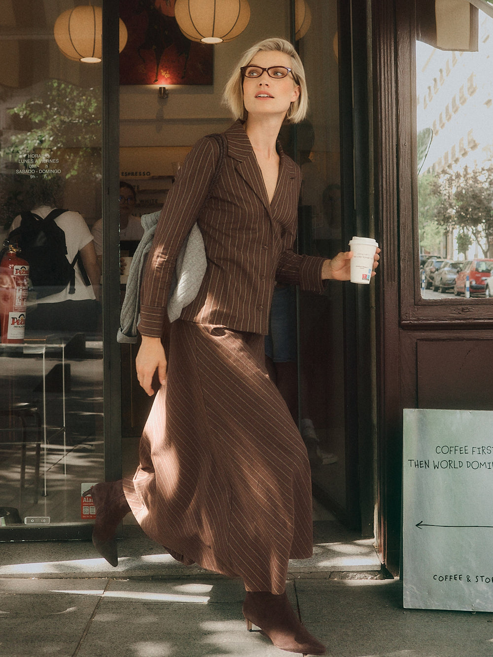 Brown striped flared midi skirt