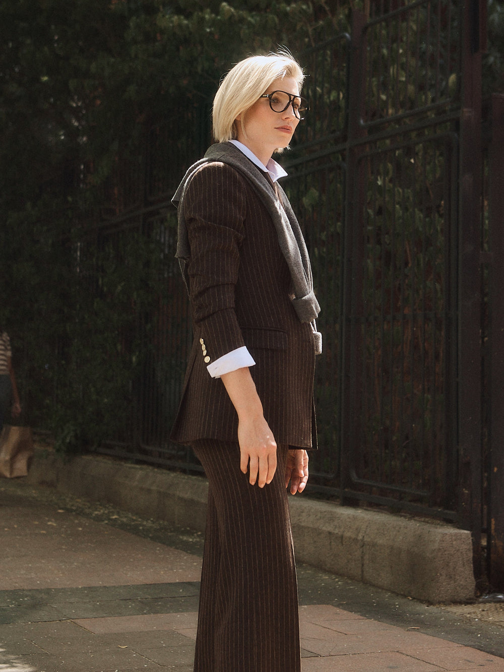 Brown pinstripe high-neck blazer