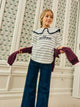 Girl's t-shirt with blue and white striped Peter Pan collar
